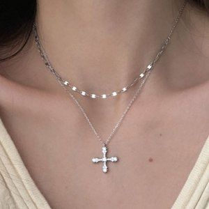 #NEW 925 Sterling Silver Diamond Cross Double Layer Necklace